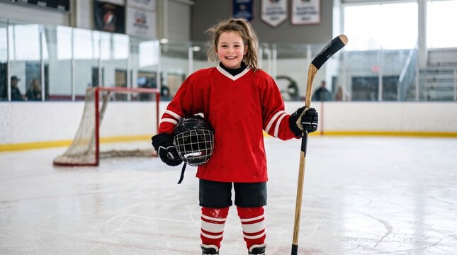 Smiling young girl in red hockey uniform holding helmet and stick on indoor ice rink