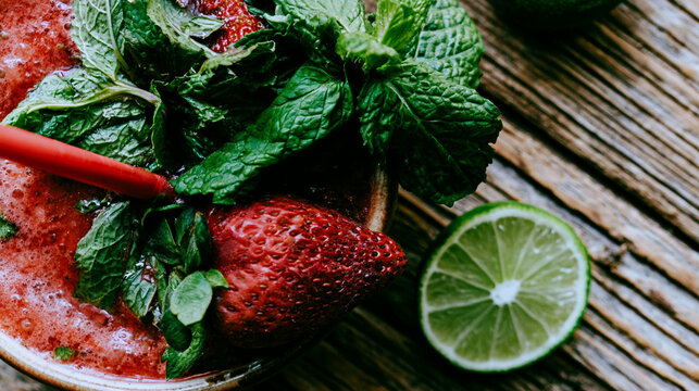 Fresh strawberry cocktail garnished with mint and lime slice summer drink fruity bever