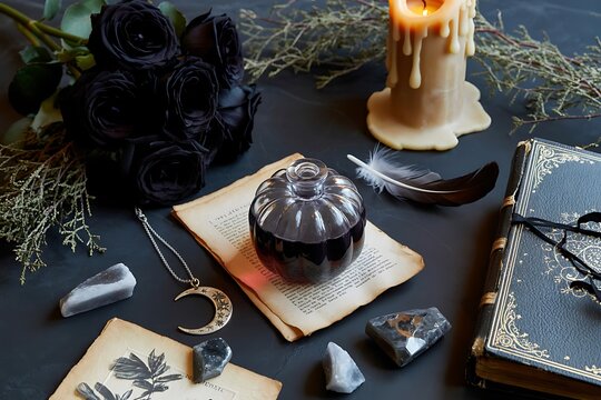 Occult Ritual Tabletop Setup Featuring Dark Roses Crystal Moon Pendant and Magic Potion in a Miniature Pumpkin Vessel