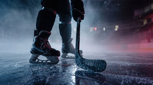 Low angle view of hockey skates and stick on ice rink with atmospheric fog and colorful lights