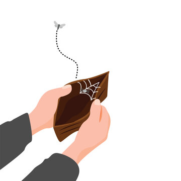 Hand holding empty wallet with coin and web spider inside. financial problem symbol in cartoon. vector illustration