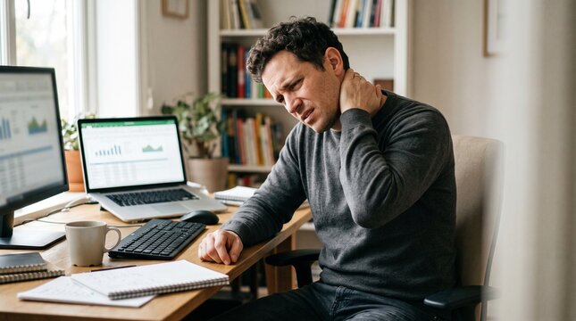 Professional experiencing neck discomfort while working at home office desk with laptop with focused individual adjusting