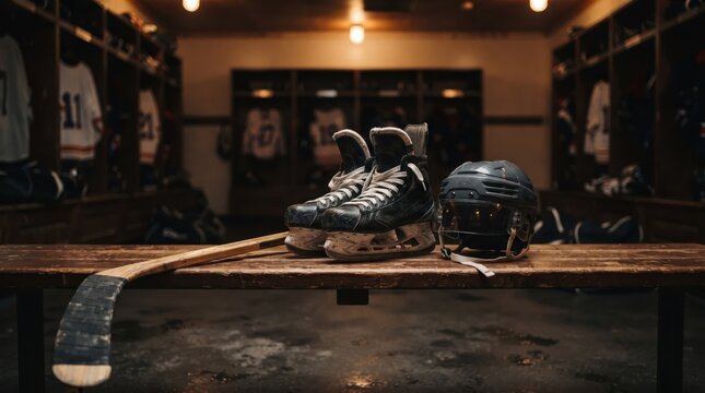 Ice hockey skates, helmet, and stick placed on wooden bench in dark locker room, sports gear preparation, winter equipment.