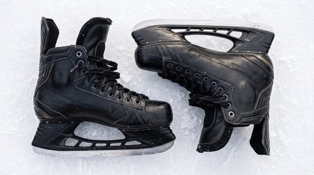 Pair of black leather ice hockey skates lying on scratched ice surface, flat lay top view