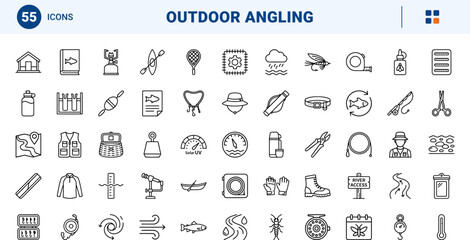 Fototapeta premium Fly Fishing River line icon set. Vector pictograms of tackle, gear, stream, and insect elements, thin linear illustration.