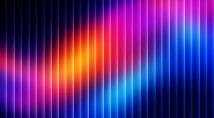 Fototapeta premium Abstract Neon Gradient Glass Effect Background with Vertical Translucent Light Stripes, Blue Purple Pink Orange and Cyan Glow, Futuristic Digital Design