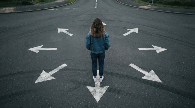 Person standing at a crossroads with many painted arrows