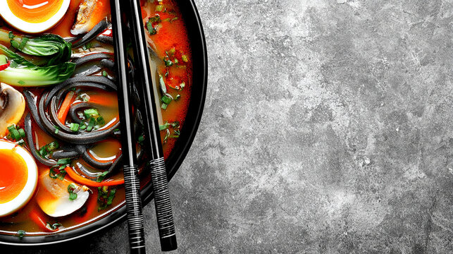 Delicious asian noodle soup with boiled eggs and vegetables in a black bowl