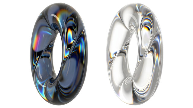 Abstract 3d glass torus shapes isolated on a clean transparent background for modern graphic design projects