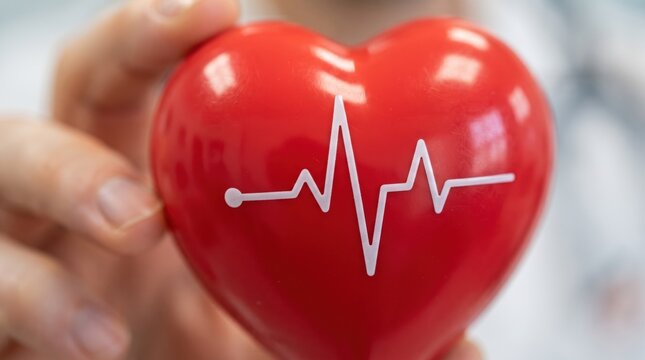 Close up of doctor holding red heart model with white electrocardiogram pulse line.
