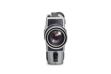 Fototapeta premium Retro film camera. Old film camera turned with lens forward. White background, isolated.