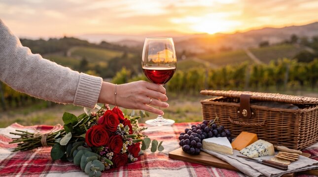 Woman hand holding red wine glass at romantic sunset picnic with rose bouquet and cheese board in vineyard