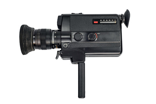 Retro vintage black movie camera with zoom lens and leather handle. Isolated on white background.