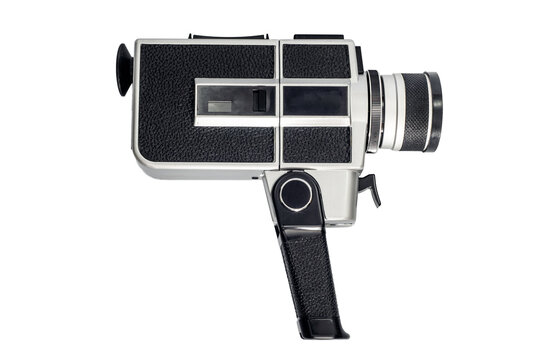 Retro film camera on white background with copy space. Side view, minimalism. Vintage technology.