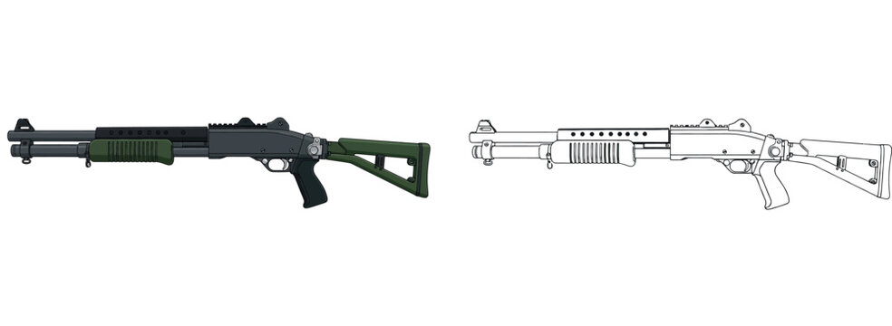 Tactical pump-action shotgun with folding stock coloring page
