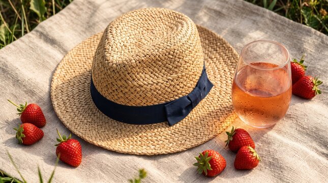 Straw hat with glass of rose wine and fresh strawberry on picnic blanket outdoors. Summer leisure and relaxation concept.