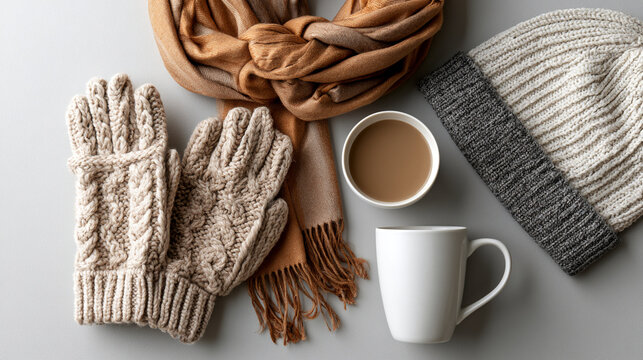 Cozy winter clothing with knitted mittens scarf hat warm coffee cups