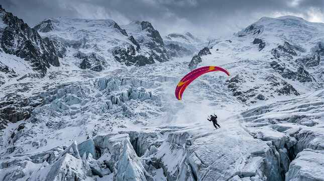Speedflying paraglider carving tight turns over alpine glacier