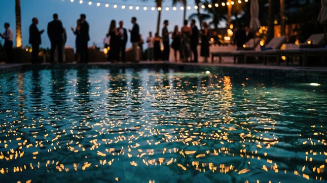 Evening poolside party with blurred silhouettes of people socializing near water with string light reflection