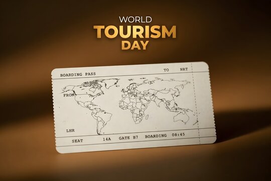 World Tourism Day concept with a stylized world map boarding pass on a brown background