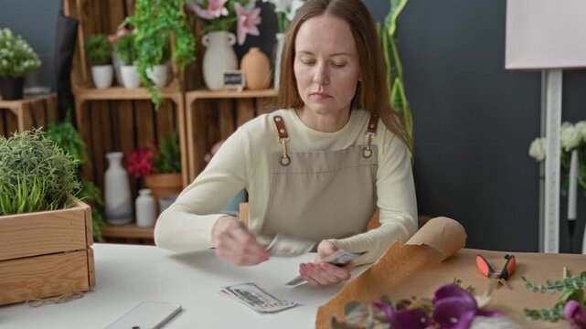 Woman counting dollars with hands on table in studio florist workspace, handling banknotes and brown wrapping paper; concern.
