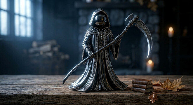 Grim reaper figurine holding a scythe, symbolizing death and mortality on a rustic wooden table