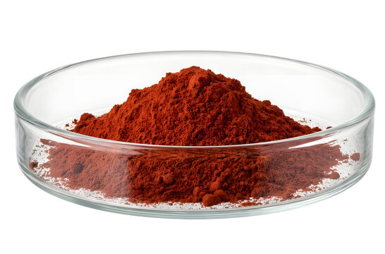astaxanthin powder, red fine powder in clear glass laboratory petri dish. png on transparent background. 	