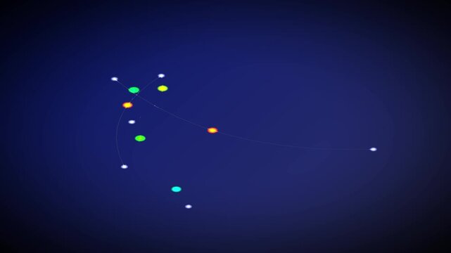 Abstract Network Data Visualization with Glowing Nodes and Flight Paths on Dark Blue Background