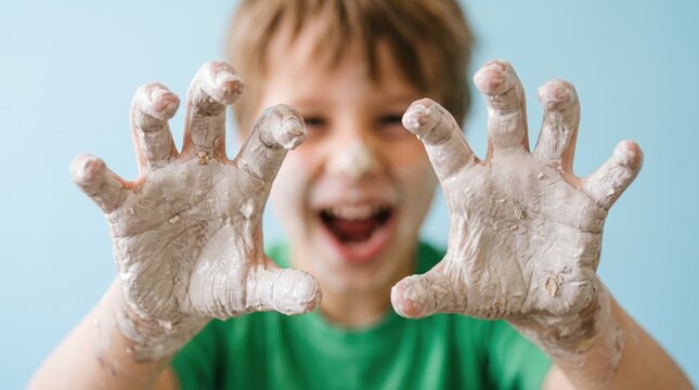 Happy child boy showing clay covered hands during pottery craft workshop. Creative handmade ceramics and artistic hobby concept.
