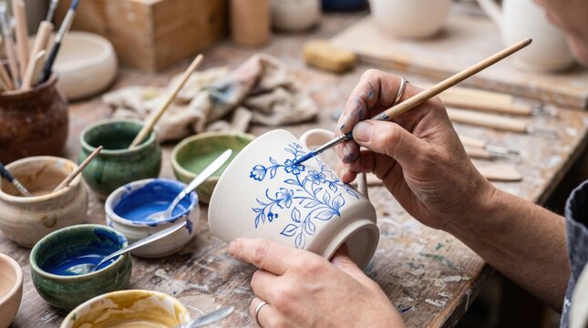 Closeup of artisan hand painting blue floral ornament on ceramic mug in pottery workshop.