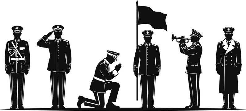 Black and white silhouette of military personnel in uniform, including soldiers saluting, kneeling, and playing a trumpet
