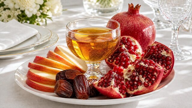 AI photo Traditional Rosh Hashanah food composition. Sliced apples, golden honey, fresh pomegranates, and dates on a white plate. Elegant Jewish New Year festive table setting background. 