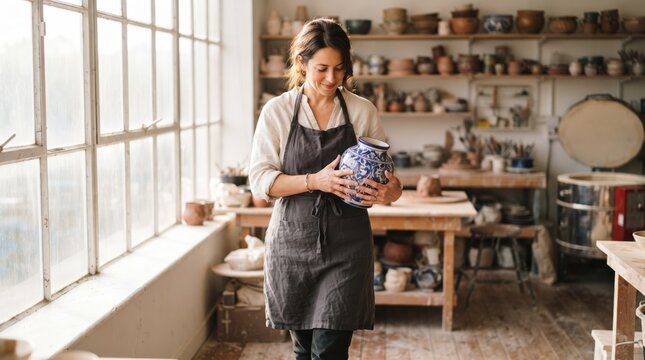 Woman potter holding blue and white ceramic vase in sunny pottery workshop. Handmade ceramic art and traditional craftsmanship.