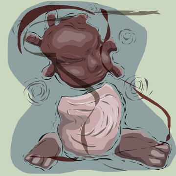 A bizarre, surreal abstract digital illustration featuring a strange, deformed humanoid baby-like creature wrapped in dark, swirling ribbon lines on a muted, watery background. Conceptual macabre art.