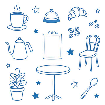 Set of cute hand drawn cafe elements with coffee cup croissant table and chair icons
