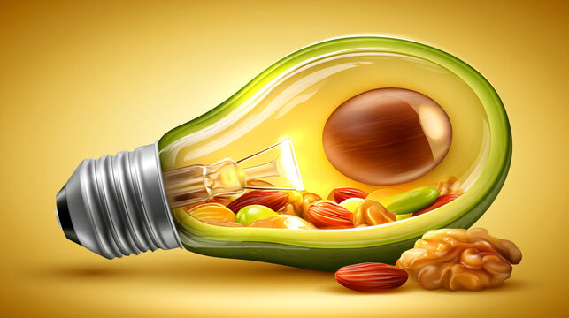 Avocado shaped like a lightbulb filled with nuts and seeds representing healthy energy