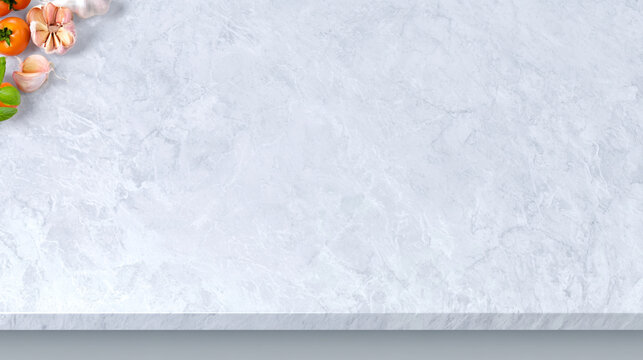 White marble kitchen countertop surface background with vegetables in corner