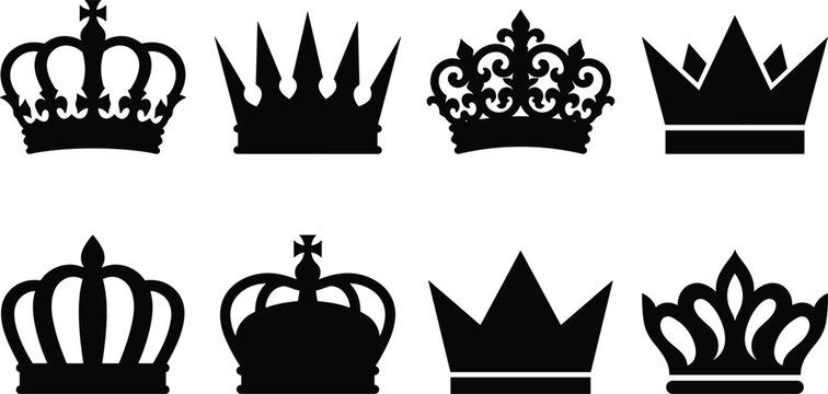 Black silhouette vector icons of royal crowns with diverse decorative designs and majestic symbolism