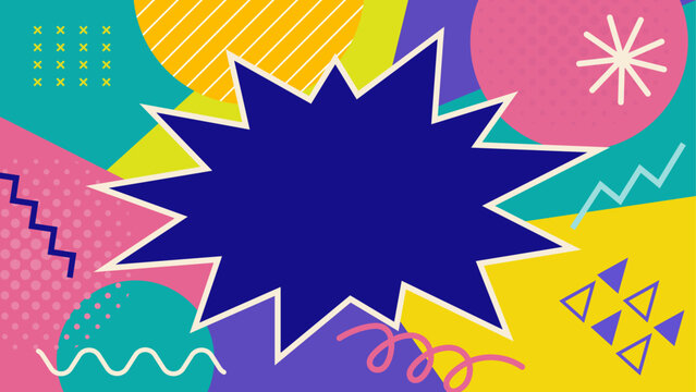 Bold Dark Blue Comic Burst Background with Colorful Retro Memphis Geometric Shapes