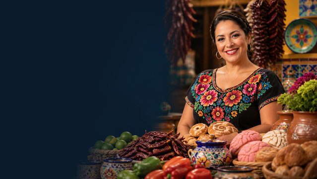 Smiling hispanic woman in traditional embroidered blouse with mexican bread and chili pepper on table. National Hispanic Heritage Month celebration of culture and cuisine with copy space
