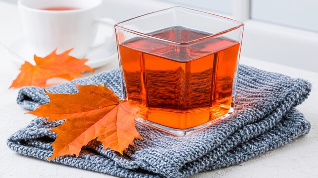 Glass square cup of hot tea placed on folded grey sweater with autumn leaves