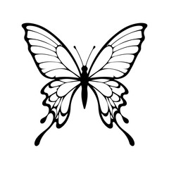 Obraz premium Luxury Ornamental Swallowtail Butterfly Silhouette with Flowing Tail Wings Black and White Vector Illustration Isolated on White Background for Logo, Tattoo, Sticker and Decorative Nature Design