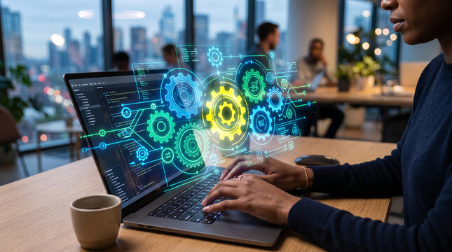 Laptop displaying glowing gears and data flow, symbolizing technology, innovation, and complex process optimization, representative of modern workflow and digital solutions