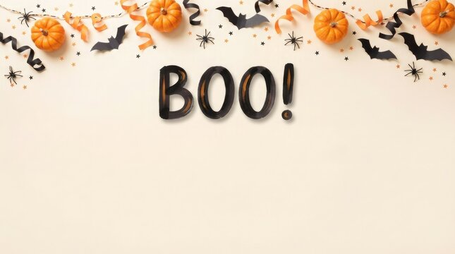 Fun halloween boo surprise text with pumpkins and bats