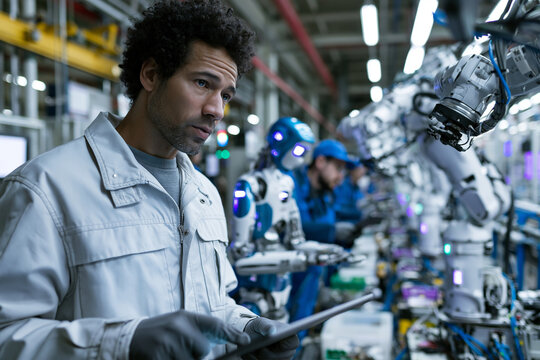 Engineer Using Digital Tablet in Automated Smart Factory with Robots