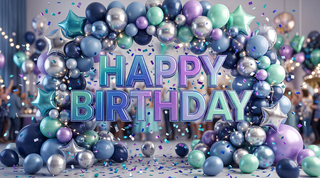 Elegant 3D Happy Birthday Greeting with Iridescent Balloons and Cool Tone Confetti