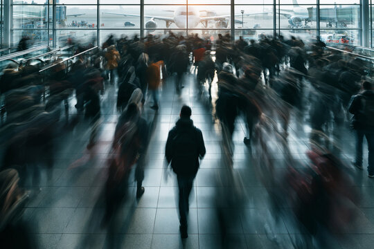 Crowd of Travelers Moving Through Busy Airport Terminal