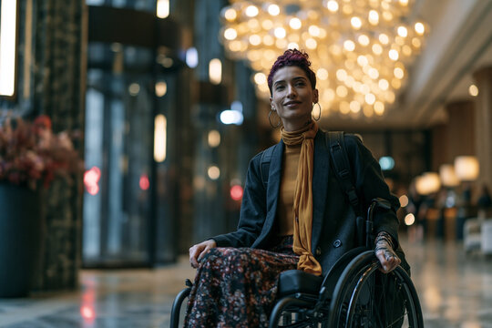 Confident Stylish Woman in Wheelchair in Modern Hotel Lobby