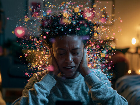 Stressed Woman Overwhelmed by Social Media Notifications Overload