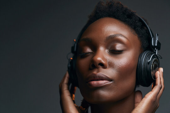 Serene Black Woman Listening to Music with Headphones